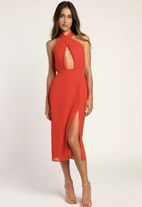 Lulu's Womens Flirty Chic Cut Out Cross Front Halter Midi Dress Red NJD184 Large - Picture 1 of 22