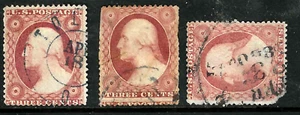 Sc #26 x 3 Straddle 1860 Year Date Cancel 3 Cent Washington 1851-57 US 57F33 - Picture 1 of 3