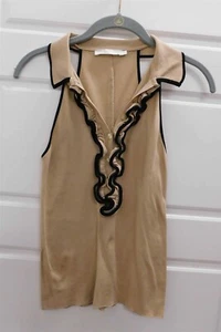 Camicetta smanicata Anne Fontaine beige nero orlo misto cotone elasticizzato tg 40 - Foto 1 di 3