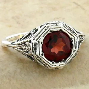 GENUINE GARNET 925 STERLING SILVER ART DECO STYLE SOLITAIRE FILIGREE RING #558 - Picture 1 of 3