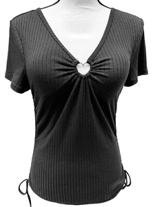 NoBoundries Womens Ribbed V-Neck Metal Heart Ruched Sides Black Blouse L(11-13) - Picture 1 of 2