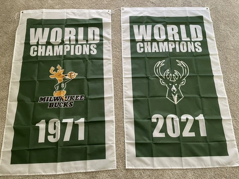 Complete Set Milwaukee Bucks NBA Champions 2 Banners/Flags 3’x5’ Cover