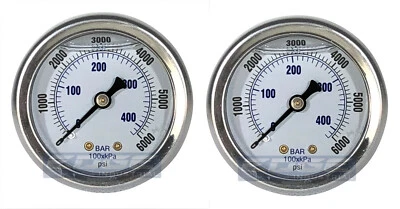 PACK DE 2 MANÓMETROS LLENOS DE LÍQUIDO 0-6000 PSI, CARA DE 2", MONTAJE TRASERO DE 1/4" Foto 1 de 3