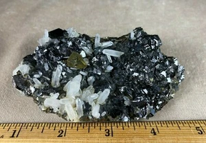 Bright Sphalerite - Grappolo di cristalli di quarzo con pirite - Foto 1 di 12