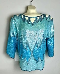 Vtg ST. MARTIN 100% Indian Silk Turquoise Sequin /Bead Evening Dressy Top Blouse - Picture 1 of 14