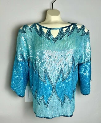 Vtg ST. MARTIN 100% Indian Silk Turquoise Sequin /Bead Evening Dressy Top Blouse - Image 1 of 4