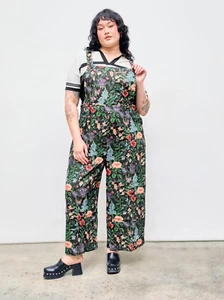 Cider Boho Black Floral Corduroy Jumpsuit Wide Leg Botanical Spring 4XL - Picture 1 of 12