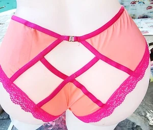 Victorias secret L Peek A Boo ❤️ Satin Pink Peach Panty Bling vintage Rare - Picture 1 of 4