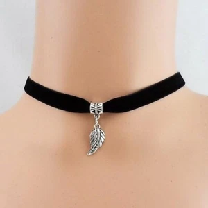 NEW Feather Leaf Pendant Charm Black Velvet Choker Necklace Silver Chain Jewelry - Picture 1 of 2