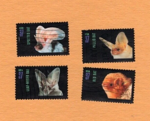#3661-4 American Bats, Used Se-Tenent Set of 4, 37 cent, Off Paper Cover