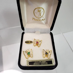 Vtg NIKOLAS 3pc. Butterfly Genuine Gemstone Pendants Set Ruby Emerald Sapphire - Picture 1 of 4