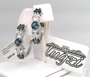 $899- NATURAL LONDON BLUE TOPAZ/WHITE TOPAZ SOLITAIRE HOOP EARRINGS SS/14KPL 925 - Picture 1 of 12