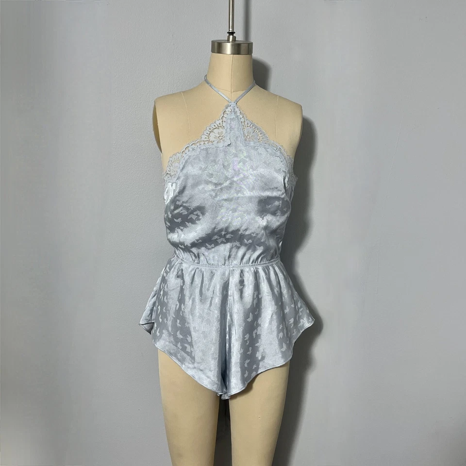 Victoria Secret Halter Romper Medium Blue Satin Butterfly Flutter Tie Back NWT - Image 1 of 4