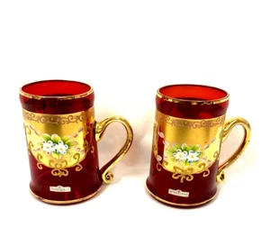 VTG SEYEI Victorian Set 2 Tankards 18oz Ruby Red Glass w Floral Accents w Gold - Picture 1 of 6