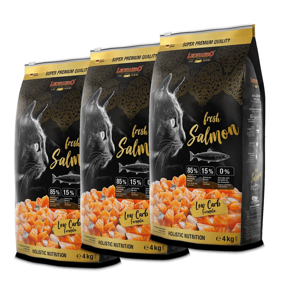 3 x 4 = 12 kg Leonardo fresh Meat Salmon & Poultry Trockenfutter Katze Greinfree - Bild 1 von 2