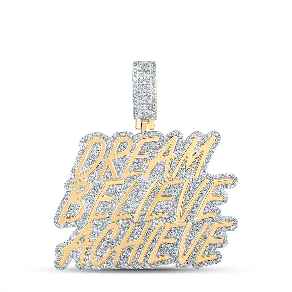 Colgante de oro amarillo de 10 k para hombre con diamantes Dream Believe Achieve frase colgante de 1-3/4 quilates Foto 1 de 1