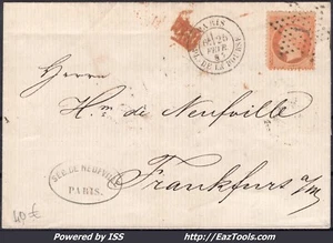 FRANCE N° 23 SUR LETTRE POUR FRANCFORT ETOILE DE PARIS N° 1 + CAD DU 25/02/1867 - Picture 1 of 2