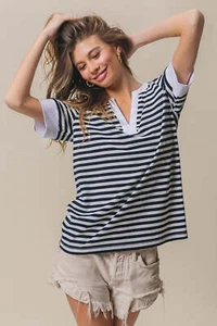 B Mirza collections BiBi Contrast Striped Notched Knit Top - Picture 1 of 5