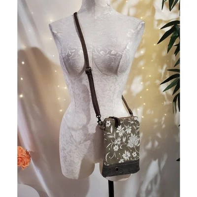 Myra Bag Floral Cotton Canvas Leather Crossbody Bag Small Adjustable Green Khaki - Image 1 of 4