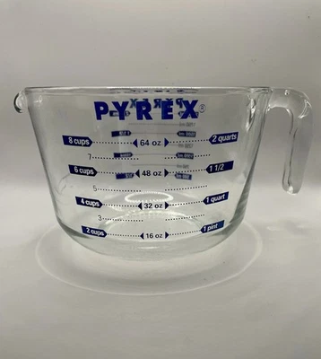 Copo de medição PYREX Corning 8 xícaras 64 oz grande 2 qt vidro estampa azul feito nos EUA - Imagem 1 de 4