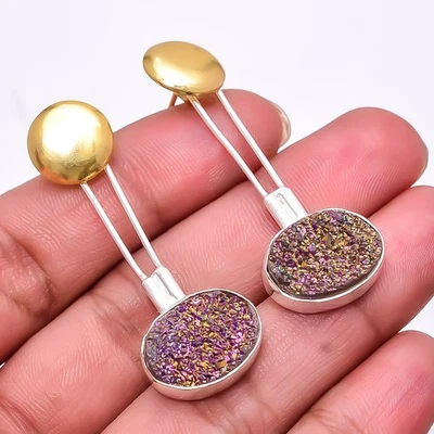 Pendiente de dos tonos de plata de ley 925 druso ágata de titanio púrpura 1,76" E42 Foto 1 de 4