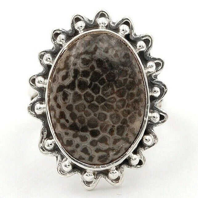 Anillo de plata esterlina genuina sólida de coral raya natural 925 talla 7  Foto 1 de 1