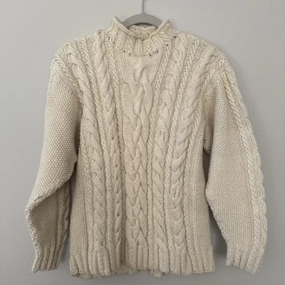 HAND KNIT Sweater Womens L Fisherman Cable Cardigan Button Front Off White Vtg - Image 1 of 4