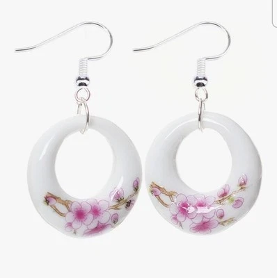 Pendientes colgantes de porcelana boutique para mujer rosa y blanco flor de cerezo Foto 1 de 4
