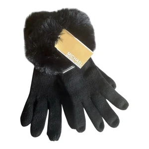 Women’s Michael Kors Black Knit Faux Fur Gloves One Size NWT $78 - Picture 1 of 7