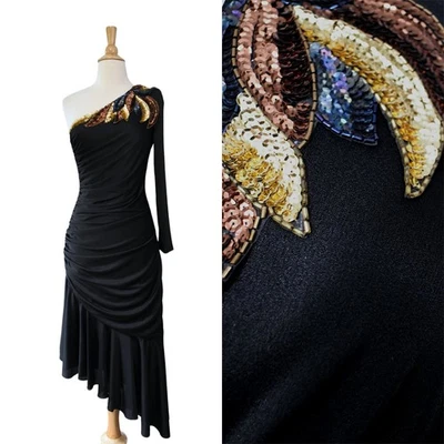 Vestido vintage anos 80 preto lantejoulas frisado um ombro discoteca deusa bainha angular - Imagem 1 de 4