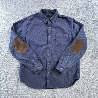 J Crew 男式皮革肘贴麂皮绒长袖法兰绒衬衫 XL 蓝色野营 — 第 1/4 张图片