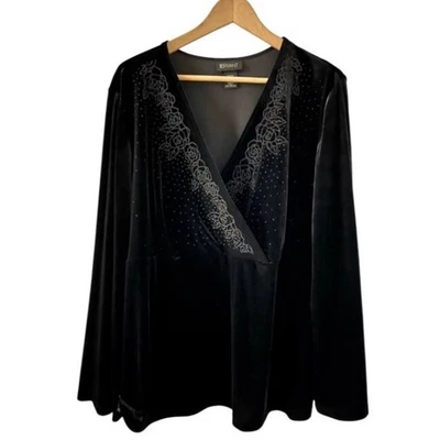 Lane Bryant Velvet Top Beaded Surplice V-neck Black Plus 22/24 3X Stretch - Image 1 of 4