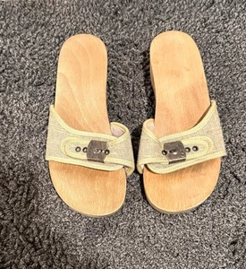 Dr. Scholl’s Original Wood Sandal/Clogs Vintage 1980’s Linen/Canvas Strap Size 6 - Picture 1 of 12
