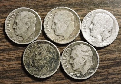 5 Silver Roosevelt Dimes 1948 - Image 1 of 2