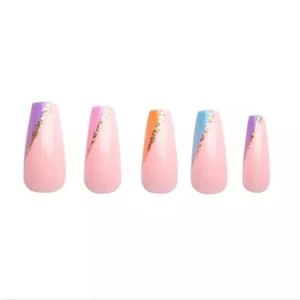 Pastel Glitter French Tip Multicolor Tip Beauty Press On Nails Glue 24 Piece Set - Picture 1 of 7