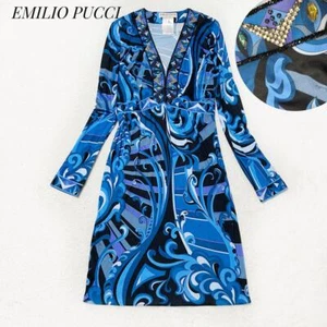 Emilio Pucci 100% Seide Bijou Kleid Blau V-Ausschnitt Gebraucht - Bild 1 von 8
