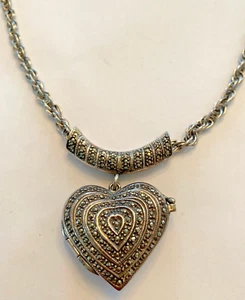 Heavy Vintage 29" Heart Locket Pendant Necklace Marcasite & Sterling Silver WOW - Picture 1 of 6