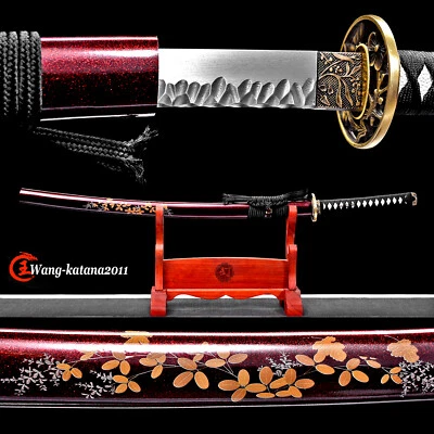 Damasco Plegado Acero Rojo Oscuro Hojas Katana Samurai Japonés Espada Afilada Latón Foto 1 de 4
