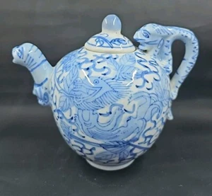 Vintage Porcelain Chinese Teapot Dragon Spout and Dragon Handle Blue & White - Picture 1 of 11
