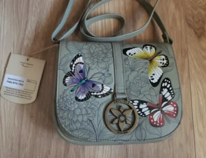 Anuschka Hand-Painted Leather Saddle Bag Crossbody Butterfly Garden Taupe NWT - Picture 1 of 9