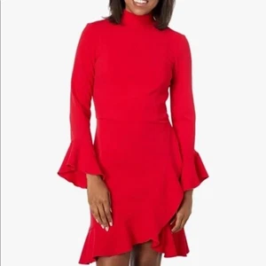 Neu mit Etikett Tommy Hilfiger Scuba Crepe Glockenärmel gerüschter Saum Kleid Größe 4 rot 9209 - Bild 1 von 5