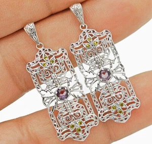 Natural Amethyst & Peridot 925 Sterling Silver Filigree Earrings Jewelry AB;231 - Picture 1 of 1