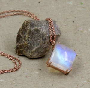 925 Sterling Natural Moonstone Necklace 18 inch Rose Gold Plated Sterling Silver - Picture 1 of 6