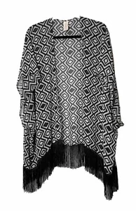Op Kimono Womens XL Black White Fringe Geometric Sheer Ikat Southwestern Coverup - Picture 1 of 9