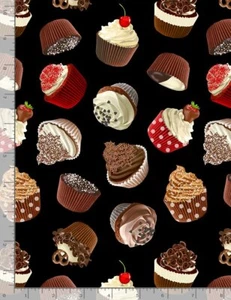 Cupcake Fabric Kitchen Chocolate Lover Food Cotton Timeless Treasures C1087 Yard - Picture 1 of 1