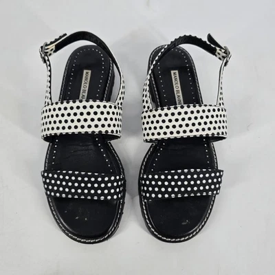 Manolo Blahnik NUEVAS Sandalias Gad Lunares Lino Sin Cordones Azul Blanco Talla 38 Foto 1 de 4