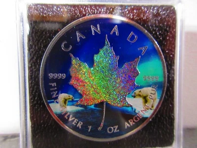 Moneda de arce plata 1 oz oso polar holográfica luces del norte 2024 $5 Canadá Foto 1 de 4
