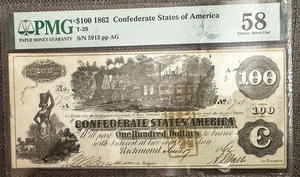 1862 100 confederate states of america Pmg 58 With Cancelled Notes - Picture 1 of 2