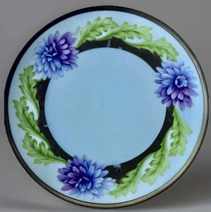Antiker europäischer Porzellan Teller handbemalt Chrysanthemen grün lila WOW! - Bild 1 von 8