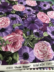 Michael Miller Purple Bouquet Fabric Flower Floral Quilt Cotton Pink 2 Y F64 - Picture 1 of 3